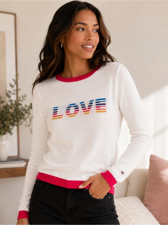 Tommy Hilfiger Sweaters - Tommy Hilfiger Rainbow LOVE Crewneck Sweater White Long Sleeve Knit Medium